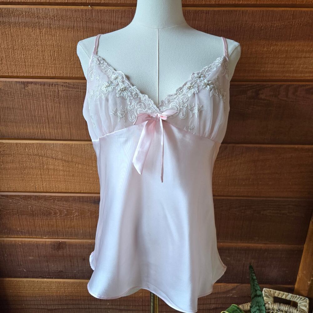 Nayomi Womens VTG Y2K Pink Satin Lace Babydoll Top L Coquette Feminine Romantic